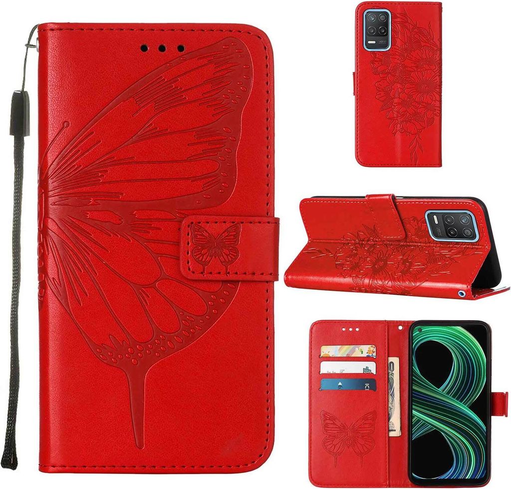 OPPO Realme 8 5G Hülle, Schmetterling Prägung Flip Leder Kartenfächer Schutzhülle Ledertasche mit Ständer für OPPO Realme 8 5G / Realme V13 5...