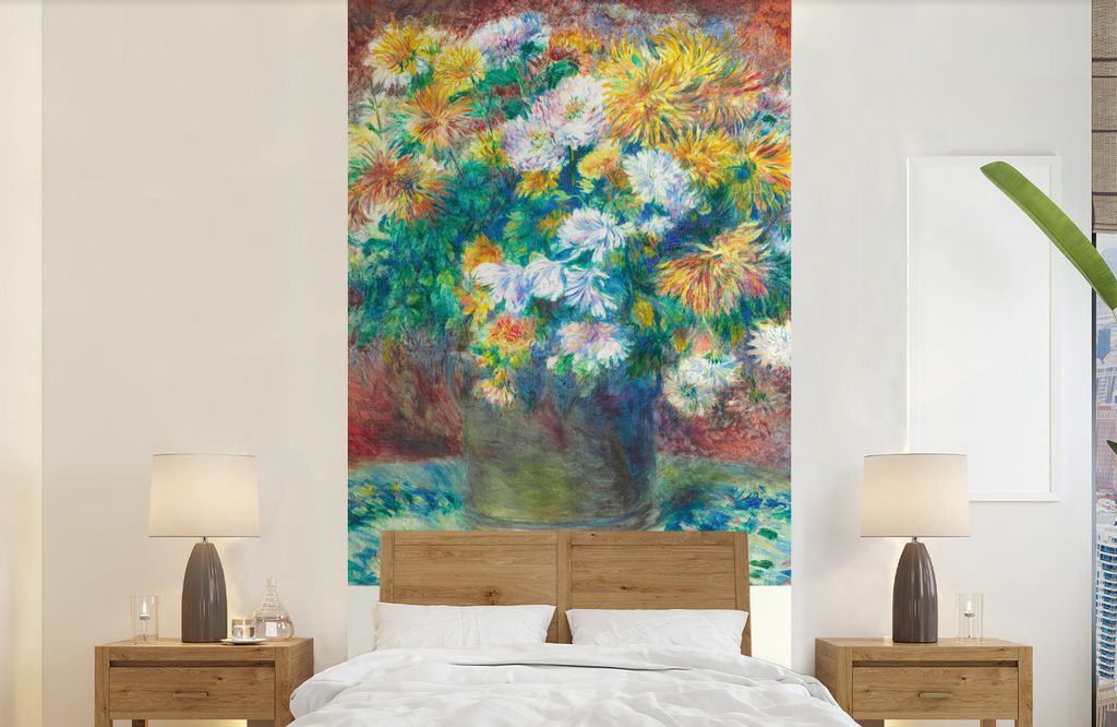MuchoWow Fototapete für Wohnzimmer oder Schlafzimmer Wandtapete Vinyl Motivtapete Renoir - Chrysantheme - Gemälde - 120x240 cm - Hintergrundbild