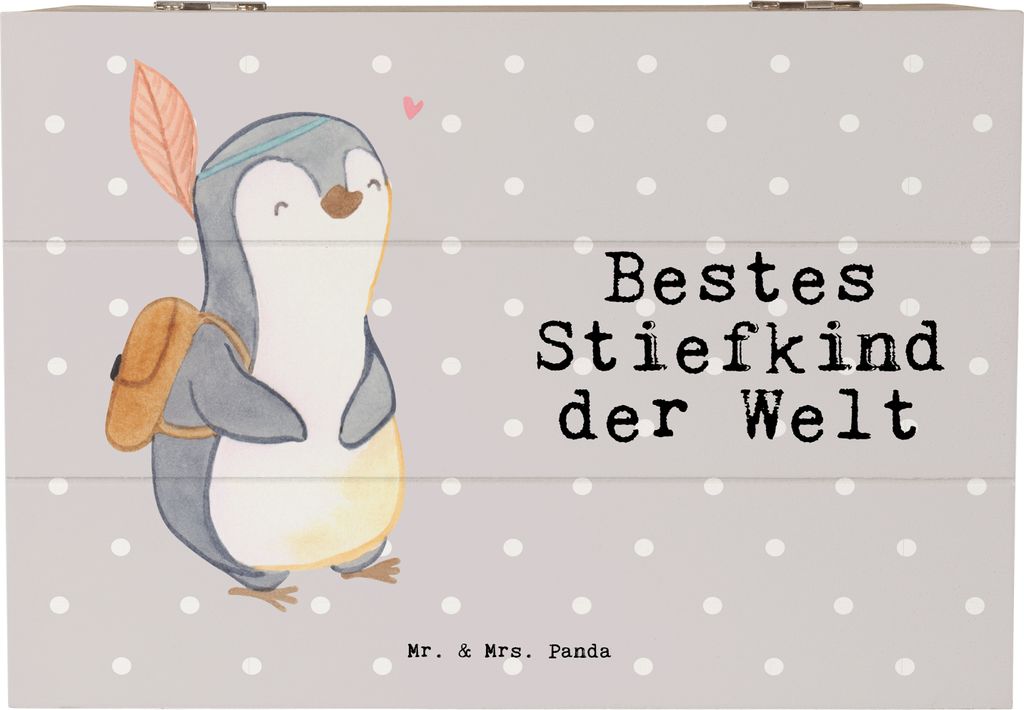 Mr. & Mrs. Panda Box Pinguin Bestes Stiefkind der Welt 22 x 15 cm - Grau Pastell - Geschenk, Holzbox mit Deckel, Sohn, fotobox, Geschenkbox, Tochte...