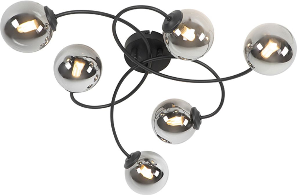 QAZQA - Moderne Deckenleuchte I Deckenlampe I Lampe I Leuchte schwarz 6-Lichter mit Rauchglas - Athen I Wohnzimmer I Schlafzimmer - Organisch - LED...