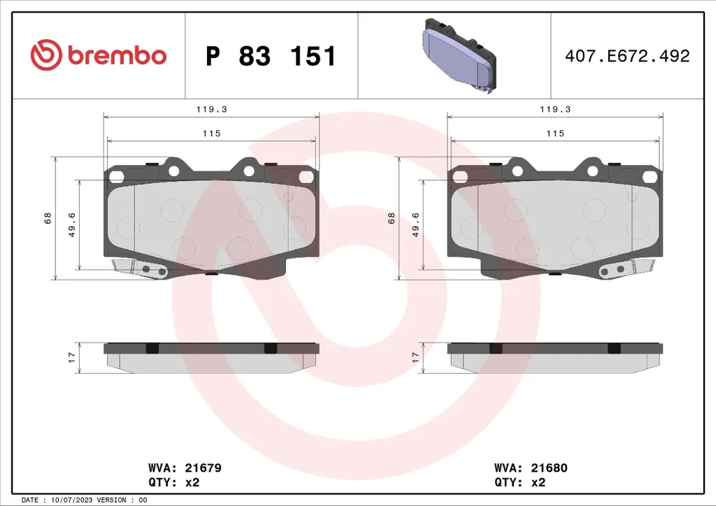 Brembo P 83 151 Plaquettes de Frein Hilux OE 0446504030 Qualité