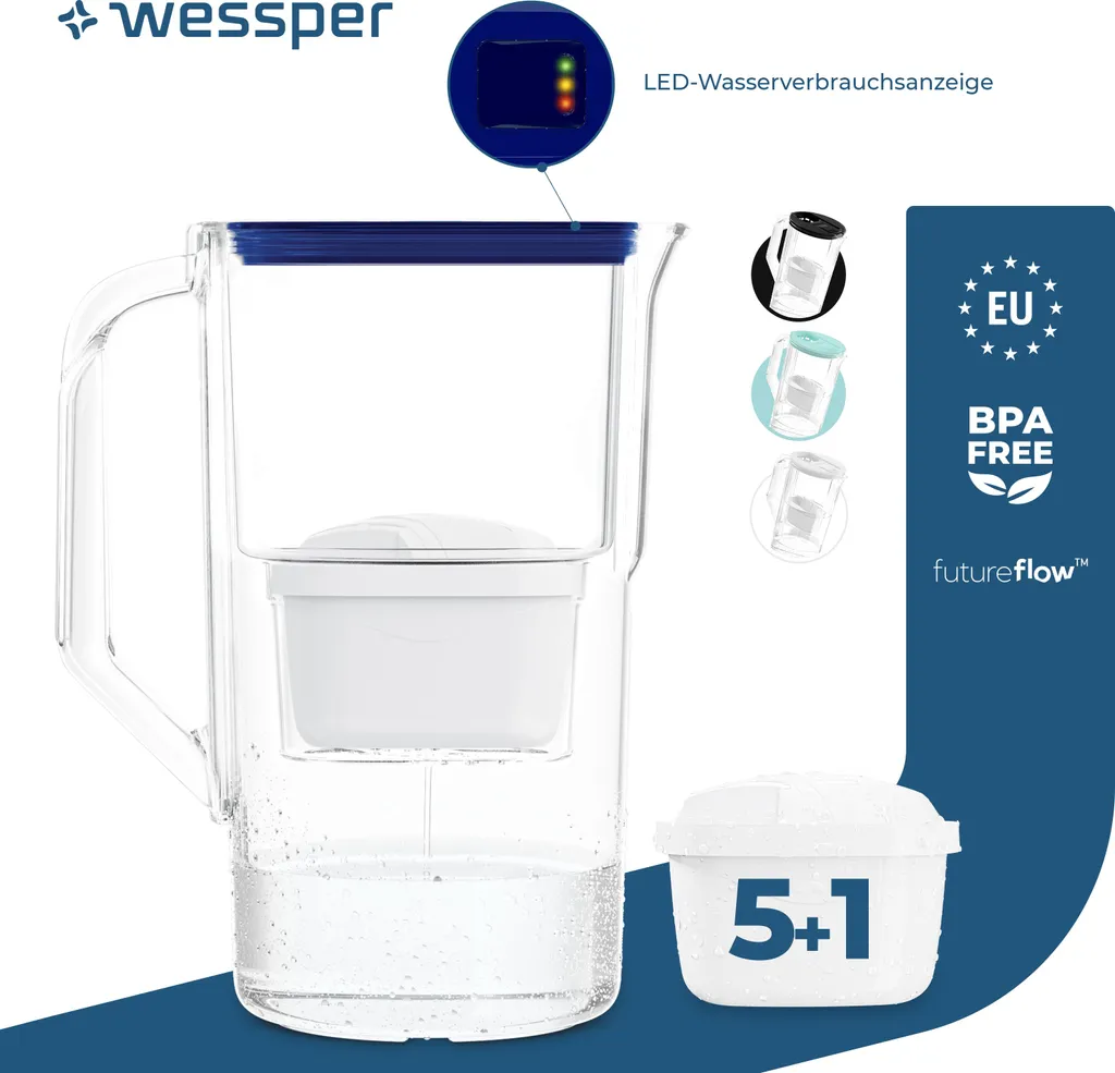 Wessper Caraffa Filtrante 2.8L Blu - Kit 6 Filtri Brita Maxtra Compatible