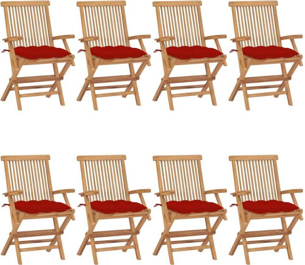 Möbel Gartenstühle mit Roten Kissen 8 Stk. Massivholz Teak - Gartenstühle 3072910