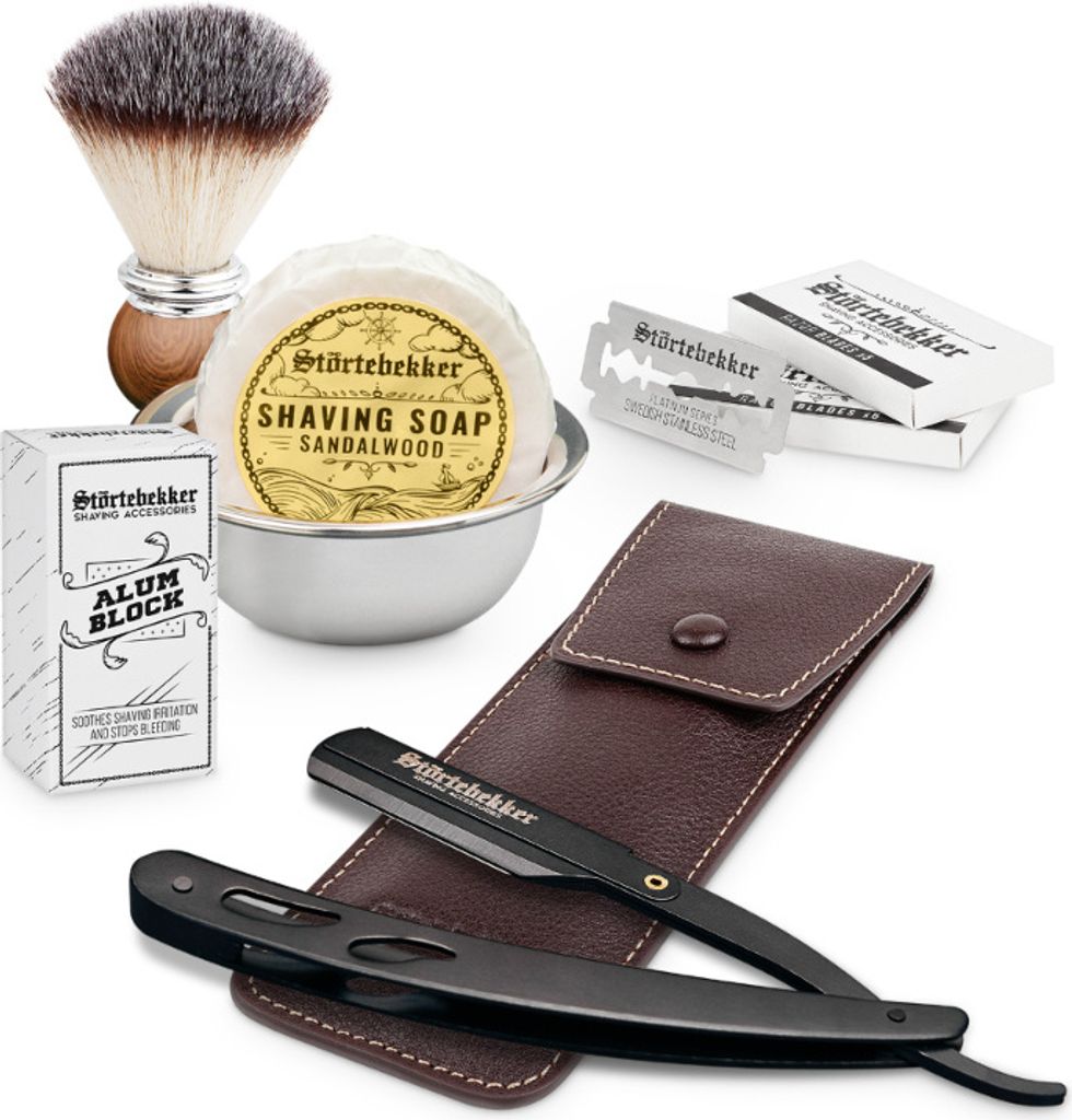 Störtebekker Premium Rasierset - Rasiermesser Schwarz – inkl. Echtlederetui (Café) - Rasierseife Sandelholz Duft - Rasurset / Bartpflege Set