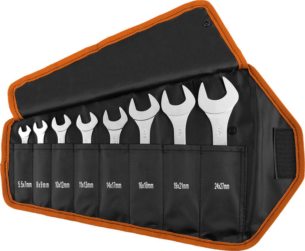 NEO TOOLS Doppelmaulschlüssel, superdünn, 5,5 x 27 x 3 mm, 8-teiliger Satz, aus gehärtetem Kohlenstoffstahl, rostfrei, Größen: 5,5x7mm, 8x9mm,...