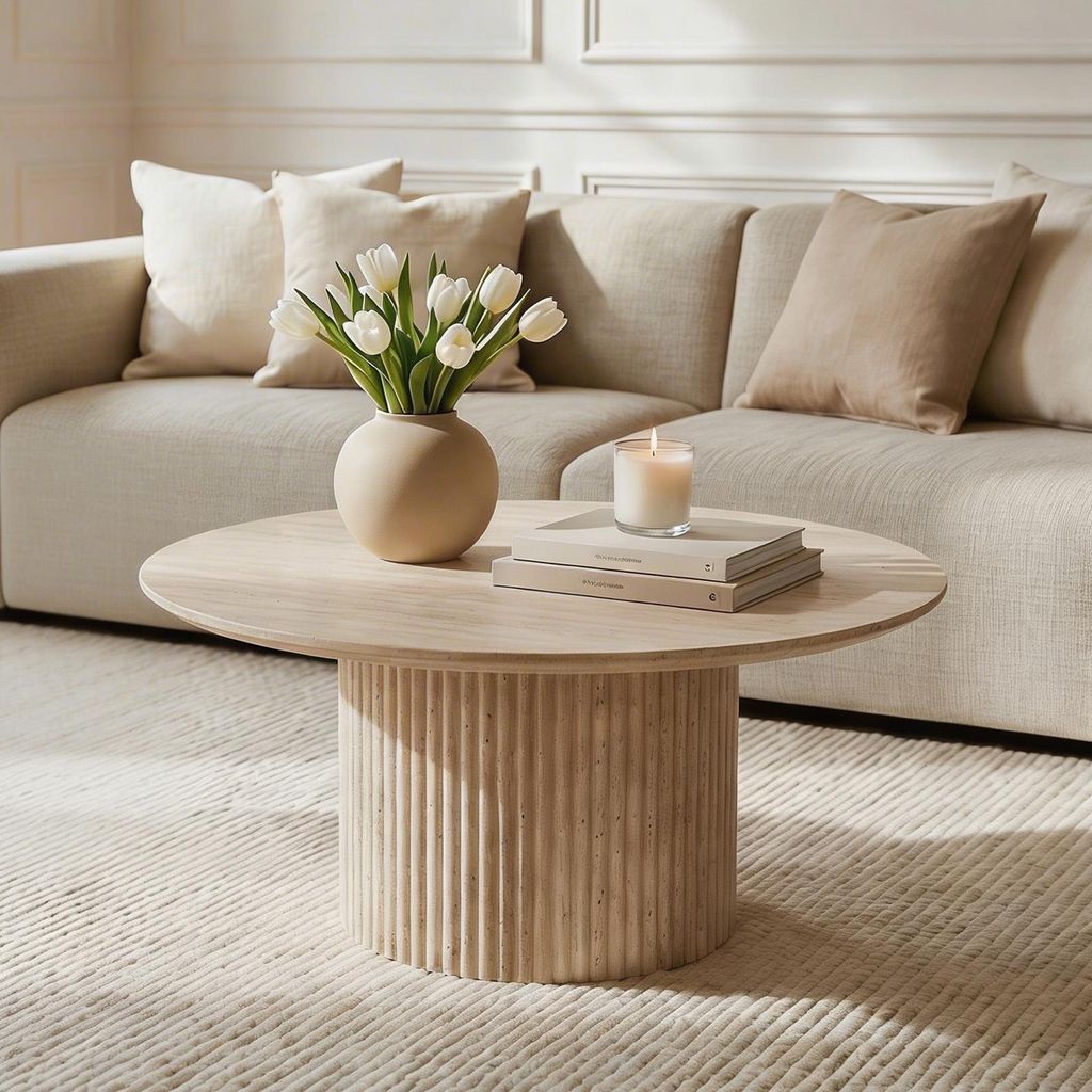 Couchtisch TEBUR, rund 80 cm in Travertinoptik, Beige - Produktbild 