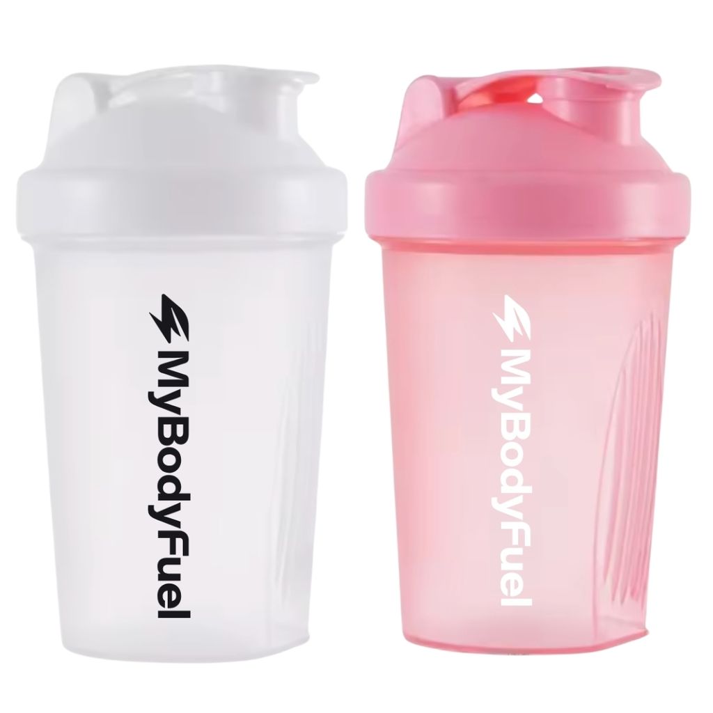 MyBodyFuel Shake Becher (2er Set) – Protein Shaker mit Mixfilter, 400 ml, BPA-frei – Für Smoothies & Proteinshakes (Weiß/Rosa)