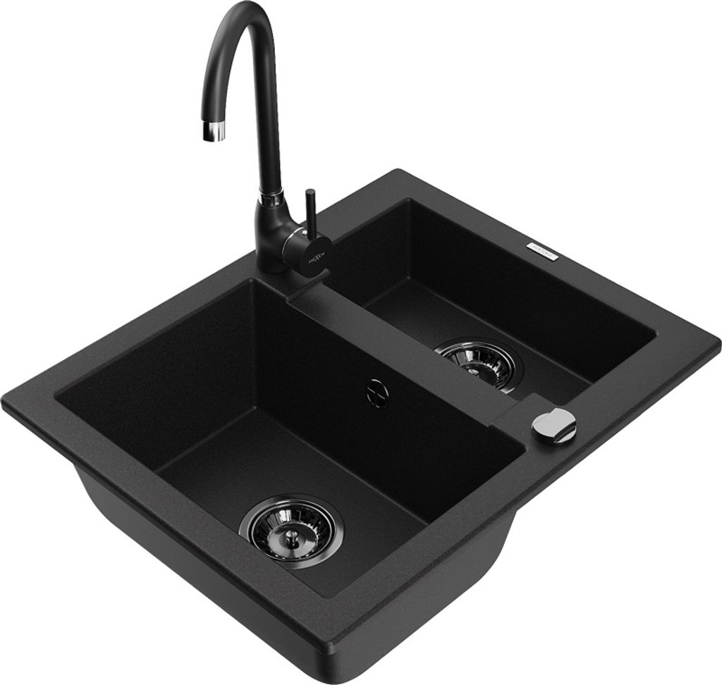 Mexen Carlos 1,5-Becken-Granitspüle mit Mischbatterie Telma, Schwarz - 6518-77-670200-70-B