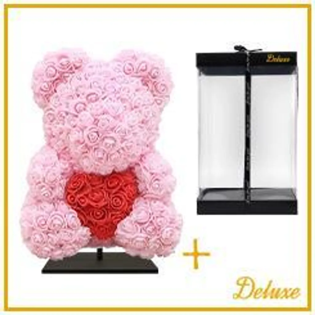 Ours en fleurs éternelles 40 cm - Cadeau durable Rose Clair avec Cœur