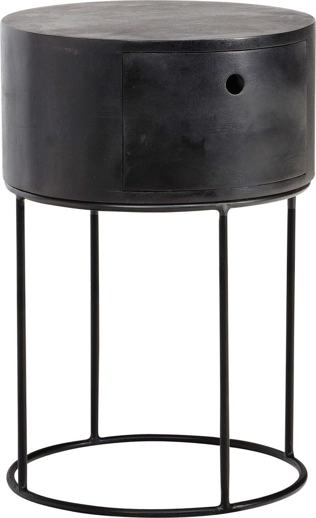 Nachtkonsole Mango Massivholz Metall 40x40x60 cm Nachttisch Schwarz, Design Nachtkommode Rund Boxspringbett mit Schublade, Nachtkästchen mit Stauraum