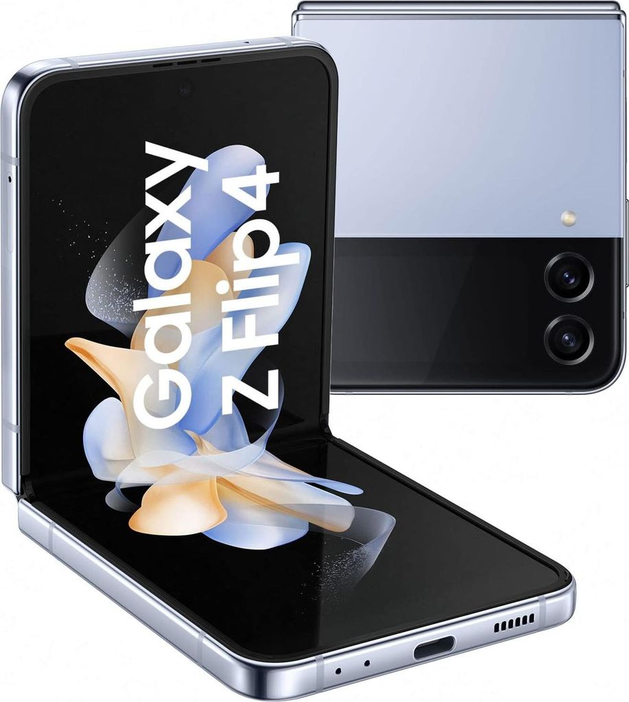 A folded and unfolded Samsung Galaxy Z Flip4 smartphone are shown against a white background.
