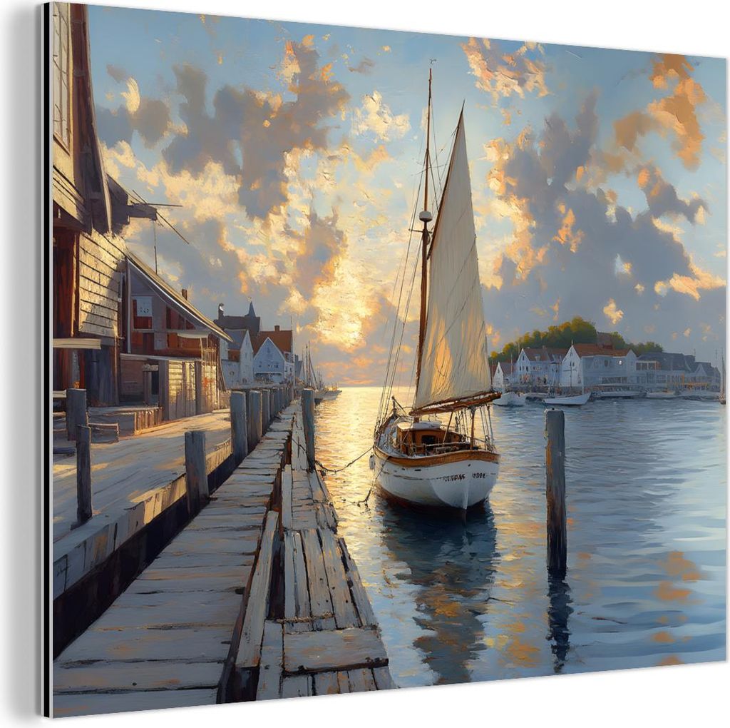 MuchoWow Wanddekoration Metall Metallbild Wandkunst 80x60 cm Segelboot - Sonne - Pier - Holz MuchoWow Aluminium Gemälde - Alubild