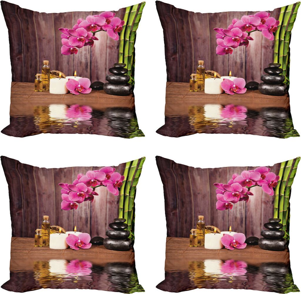 ABAKUHAUS Spa Kissenbezug Set (4 Stück), Spa Relax Candle Blossom, Moderner Doppelseitiger Digitaldruck, 60 cm x 60 cm, Rosa-Grün-Umber