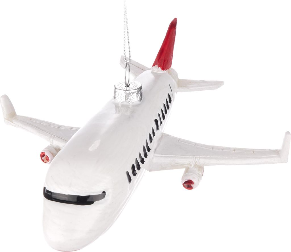 A white airplane ornament with red accents, hanging from a string.