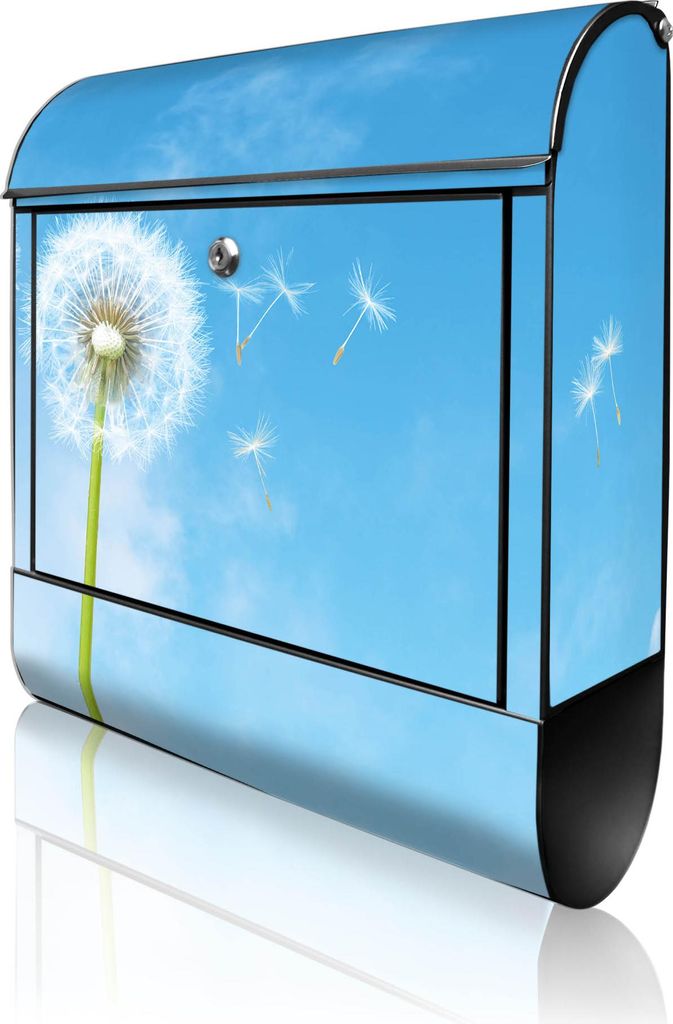 banjado Design Briefkasten Stahl schwarz mit Zeitungsfach pulverbeschichtet "Dandelion" 38x46x12,5cm & 2 Schlüssel - Postkasten A4 Einwurf inkl. M...
