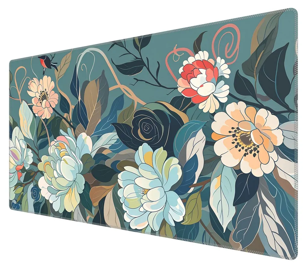 Tapis de souris gaming XXL pour le travail et la maison fleurs vertes