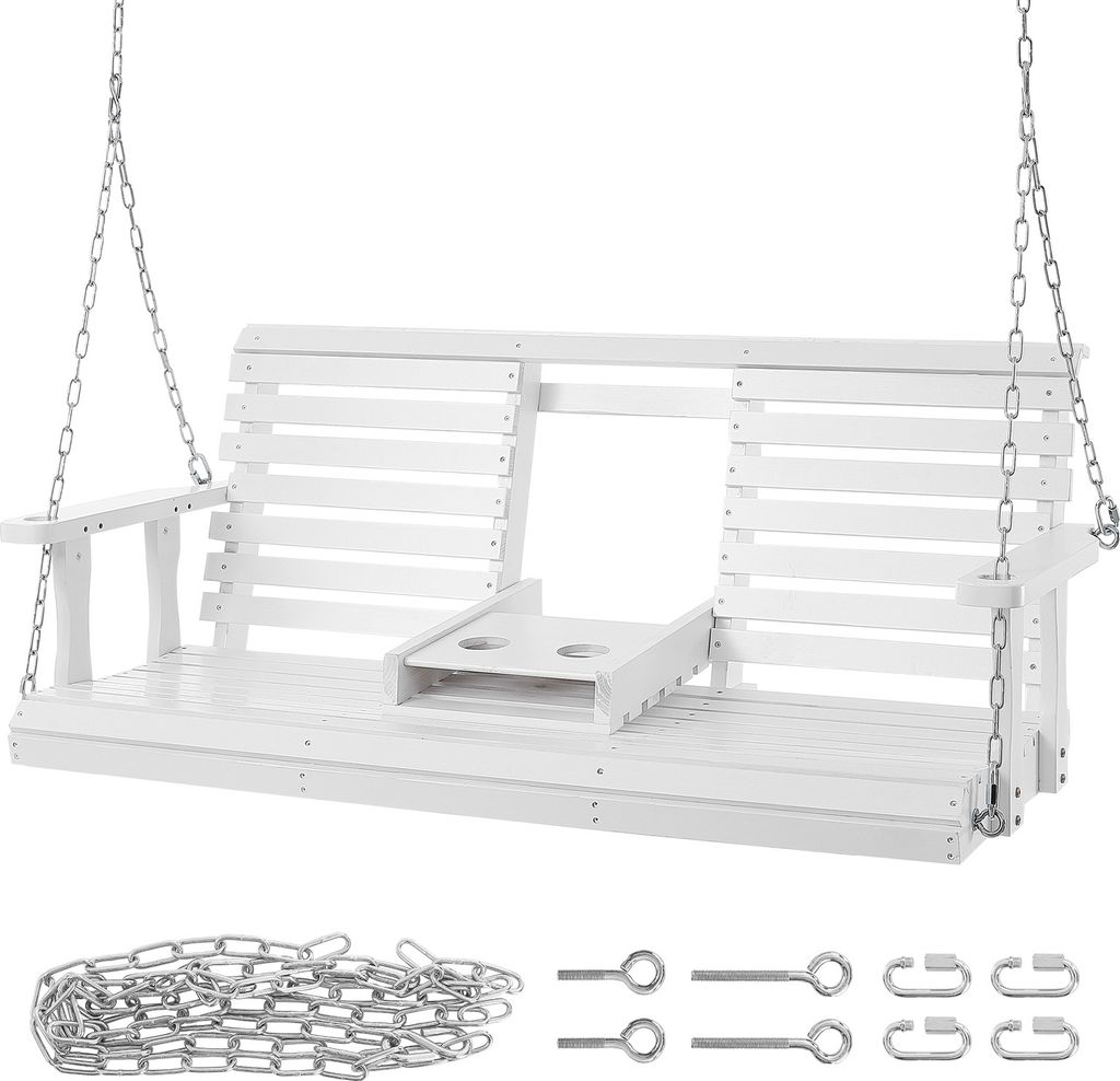 SucceBuy 5 ft Holzschaukel für die Veranda, robuste Gartenbankschaukel, 400 kg Tragkraft, Outdoor-Schaukelstuhl mit Stahlketten, weiß