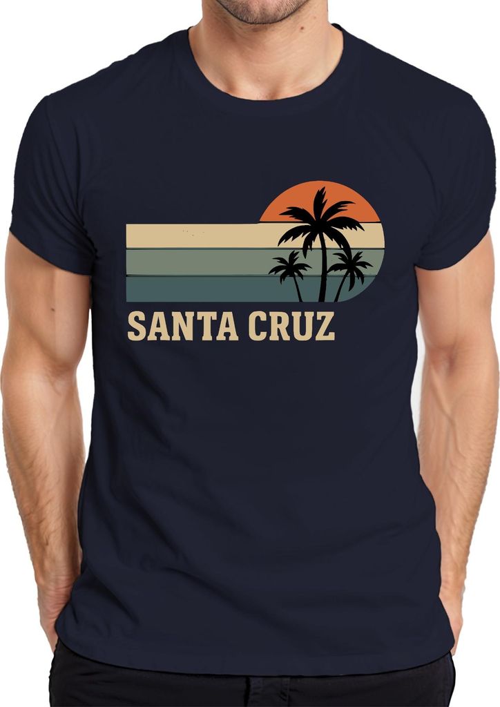 Santa Cruz Palmen Sonnenuntergang Retro Kalifornien Strand Surfen Herren T-Shirt, Navy, XL