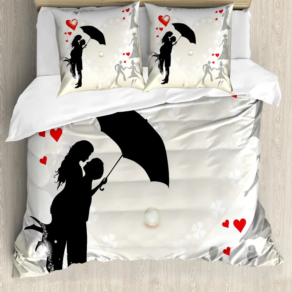 Set copripiumino ABAKUHAUS, coppie sotto l'ombrello dell'amore, cuori rossi, margherite, romanticismo nell'aria, 155 x 220 cm + 80 x 80 cm, nero, bianco, rosso