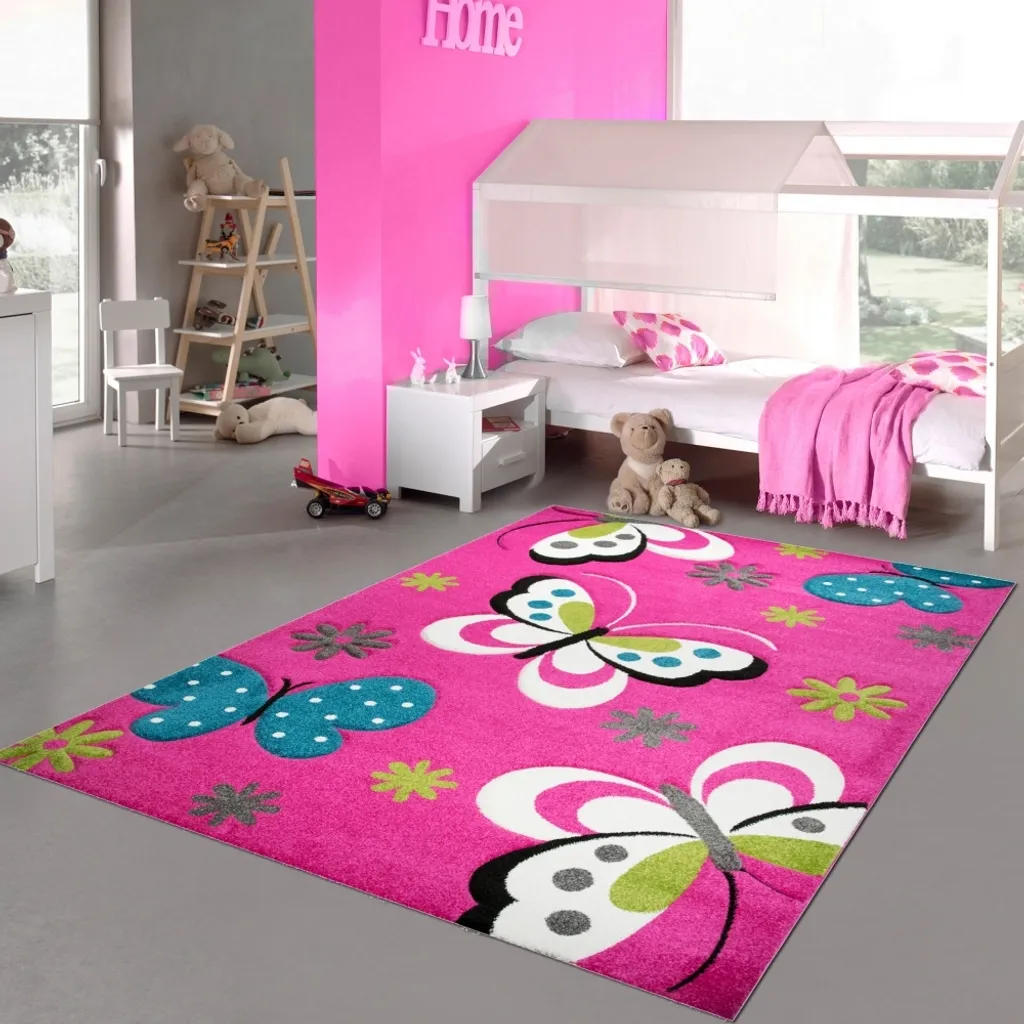 Tapis Enfant Rectangulaire Rose à Motifs Papillons - Déco Chambre Fille