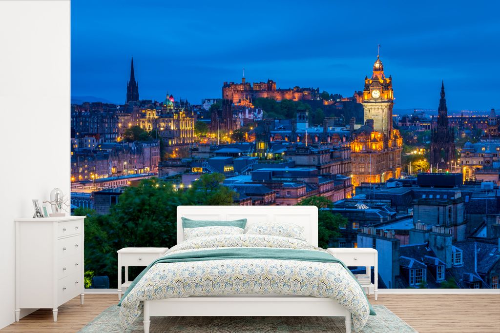 MuchoWow Fototapete für Wohnzimmer oder Schlafzimmer Wandtapete Vinyl Motivtapete Schloss - Licht - Nacht - Edinburgh - 420x280 cm - Zimmer für...