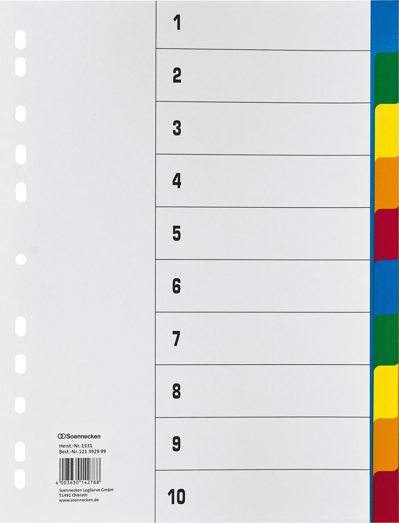 A white sheet of paper with numbered tabs for organization.