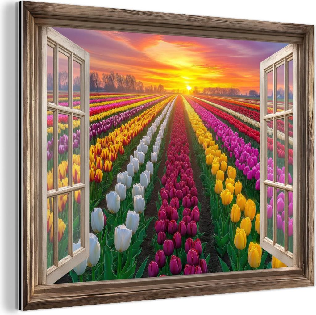 MuchoWow Wanddekoration Metall Metallbild Wandkunst 40x30 cm Ansichten - Blumen - Tulpen - Farbenfroh - Sonnenuntergang MuchoWow Aluminium Gemälde...