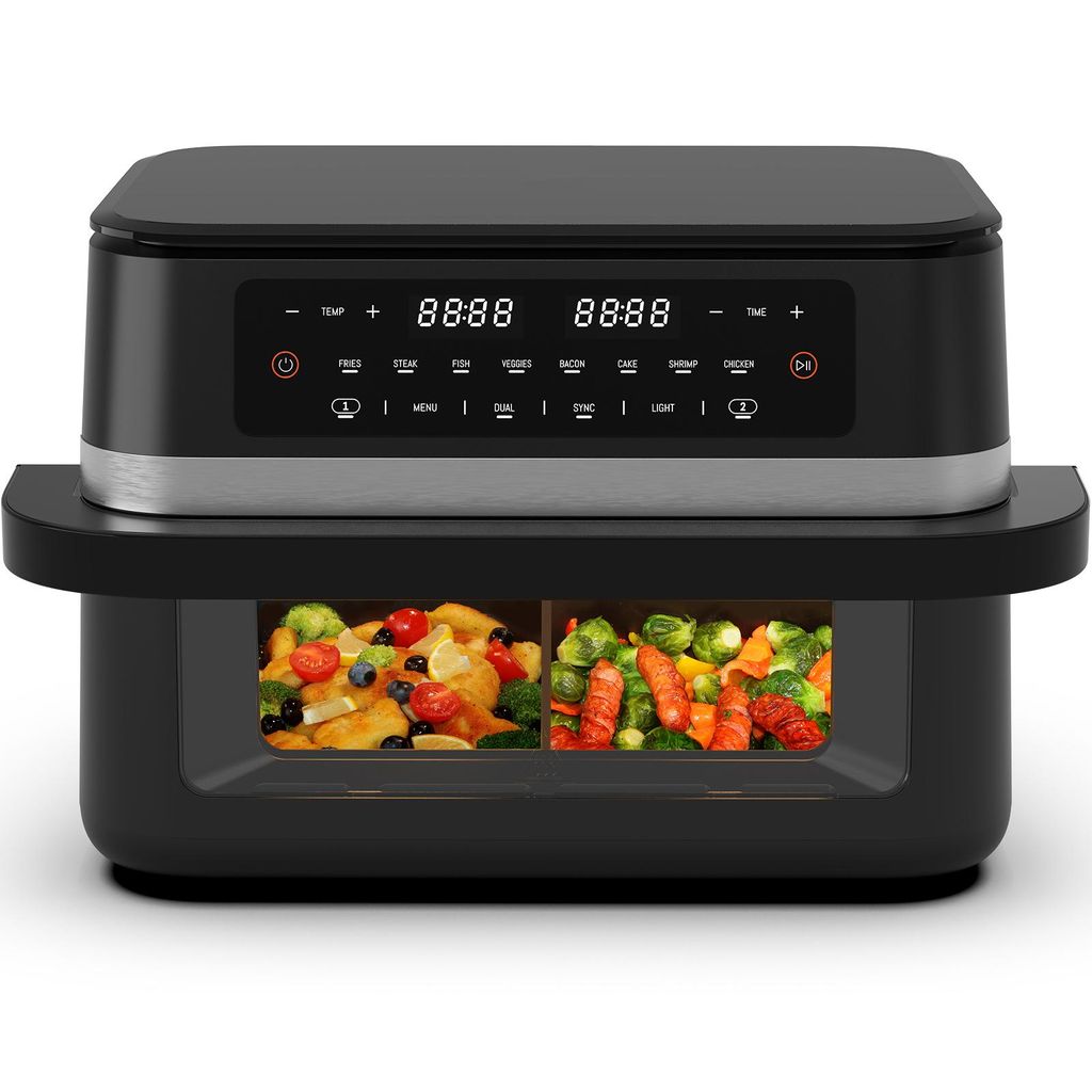 A black and silver air fryer with a digital display and two compartments containing food.