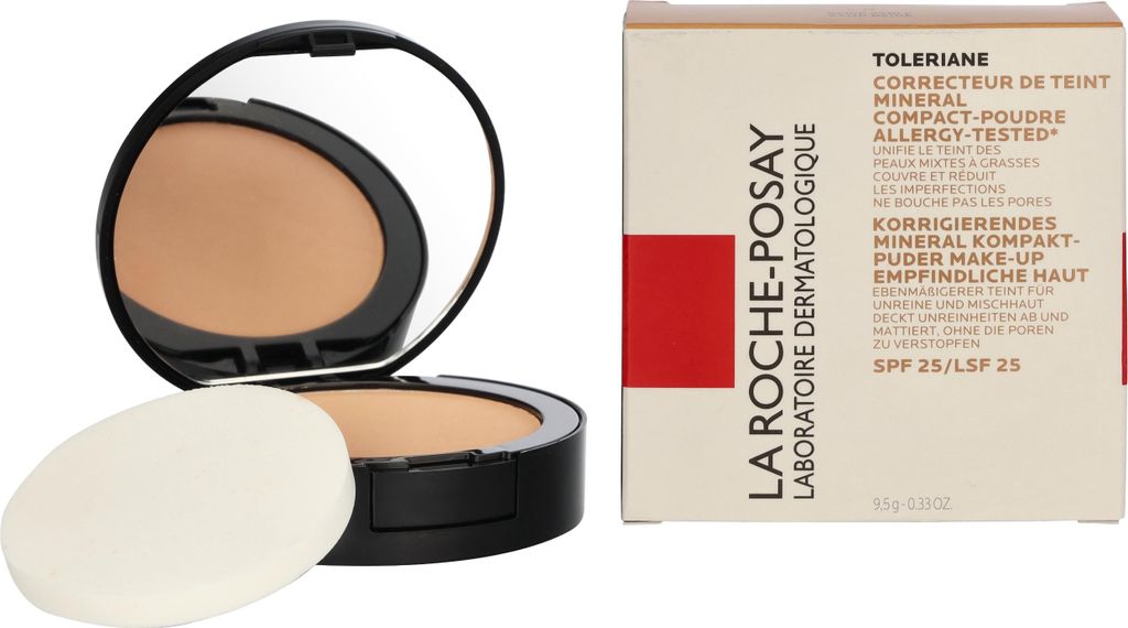 A compact powder foundation and its packaging are shown side-by-side against a white background.