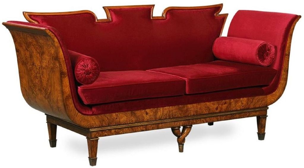 Casa Padrino Luxus Jugendstil 2er Sofa Bordeauxrot / Hellbraun 194 x 78 x H. 90 cm - Wohnzimmer Sofa mit edlem Samstoff - Barock & Jugendstil Möbel
