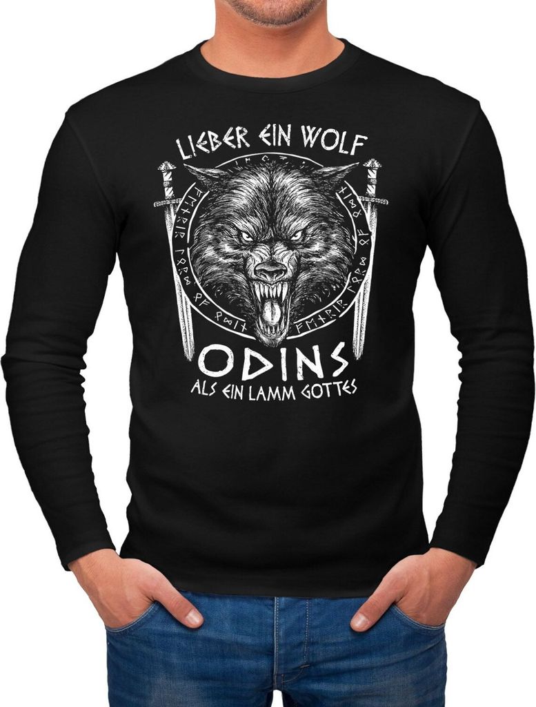 Herren Longsleeve Lieber ein Wolf Odins als ein Lamm Gottes nordische Mythologie Wikinger Fashion Streetstyle Neverless schwarz L