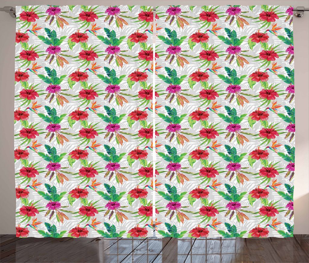 ABAKUHAUS Urwald Rustikaler Gardine, Hibiscus Paradiesvogel, Schlafzimmer Kräuselband Vorhang mit Schlaufen und Haken, 280 x 225 cm, Mehrfarbig