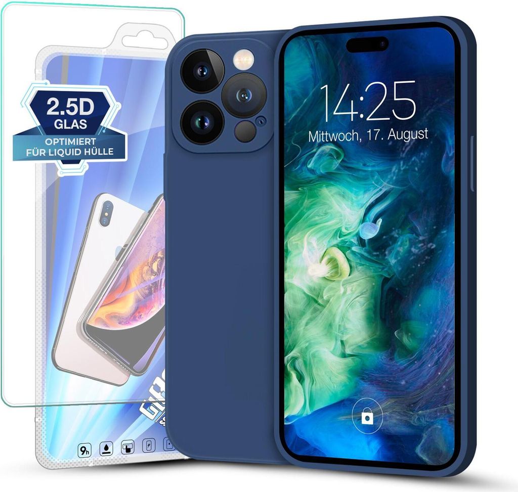 Hülle für iPhone 14 Pro Max mit 9H Displayglas Displayschutz Plus Case Cover Bumper Silikon Softgrip Schutzhülle Farbe: Blau