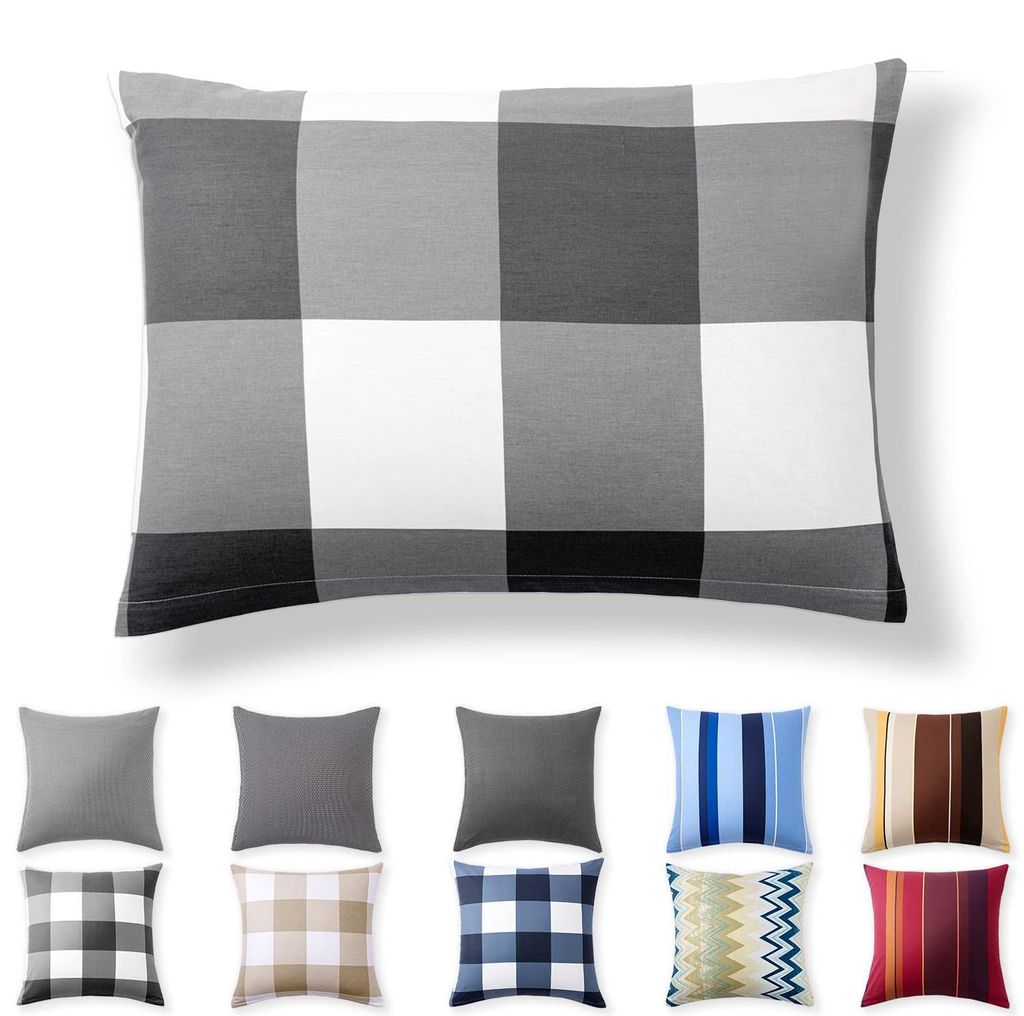 Perkal-Kissenbezug 50 x 75 cm – 100 % Baumwolle mit Reißverschluss, superweicher Kissenbezug 50 x 75 cm, Kissenhülle, anthrazitfarbenes Karomus...