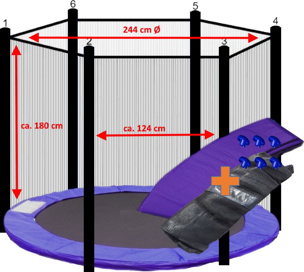 Diagram showing dimensions and components of a trampoline safety net and edge cover.