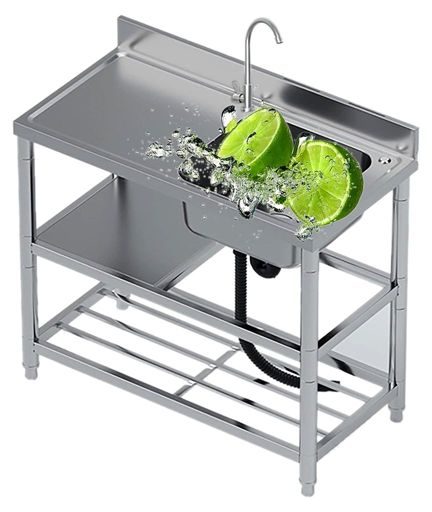 Freistehende Außenspüle aus Edelstahl, Einzelbecken mit Wasserhahn und Abtropffläche für die Gastronomie