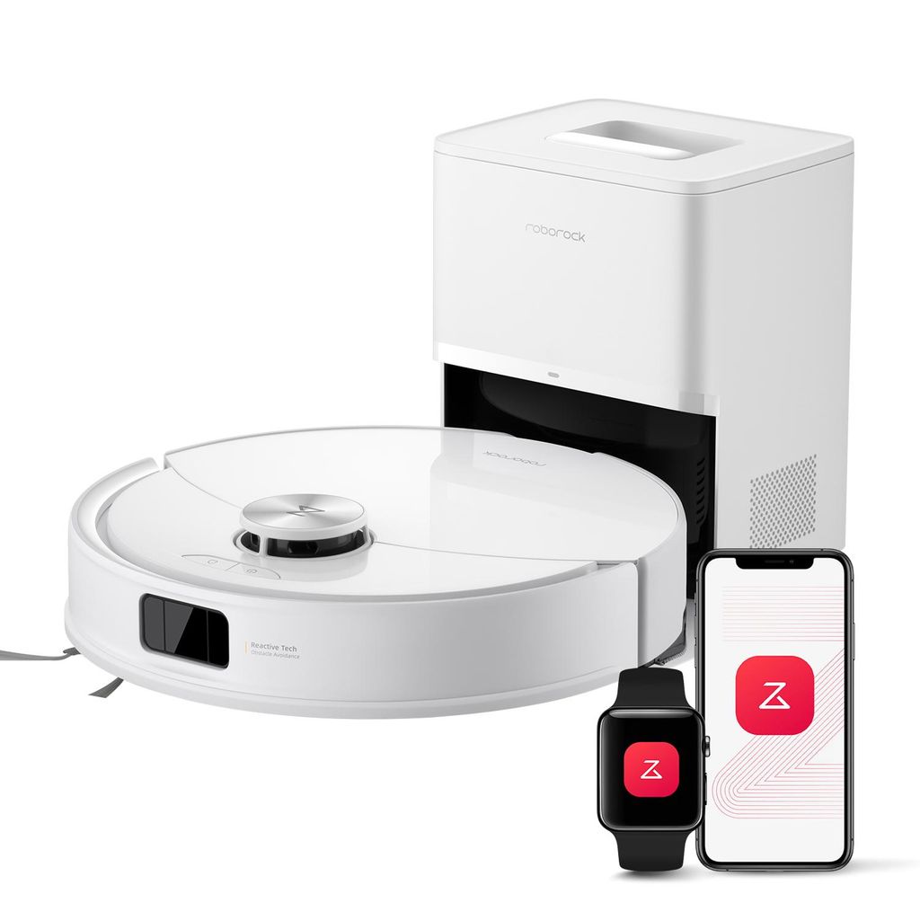 A white robot vacuum cleaner with its charging dock and a smartwatch and smartphone displaying an app logo.