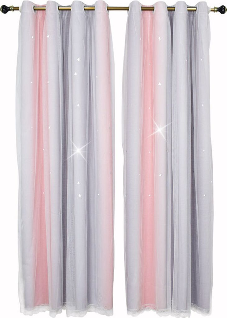 Sterne Verdunkelungsvorhänge, Bunte Doppelschicht Stern ausgeschnittene Streifen Fenstervorhänge, 2 Panel (52W x 63L Zoll, Rosa)