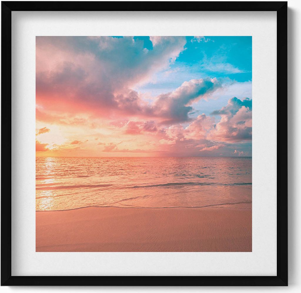 Romantischer Sonnenuntergang über dem Meer– Wandbild mit Rahmen – Gerahmtes Bild – Wanddekoration – 50x50 cm – Schwarz Rahmen