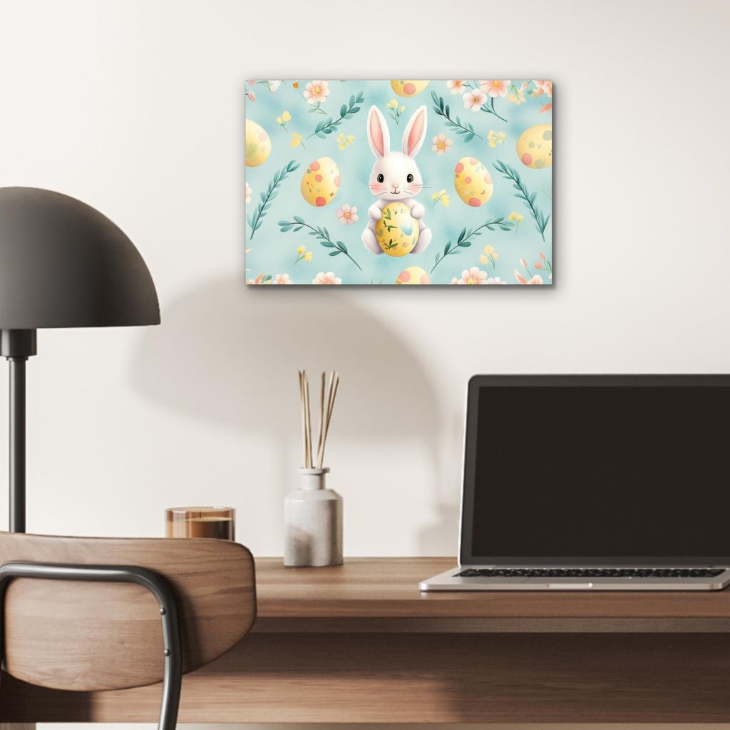 MuchoWow Wanddekoration Metall Metallbild Wandkunst 30x20 cm Kaninchen - Eier - Äste MuchoWow Aluminium Gemälde - Aluminiumgemälder
