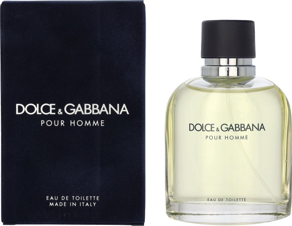A box of Dolce & Gabbana Pour Homme Eau de Toilette and a bottle of the same fragrance are displayed side-by-side against a white background.