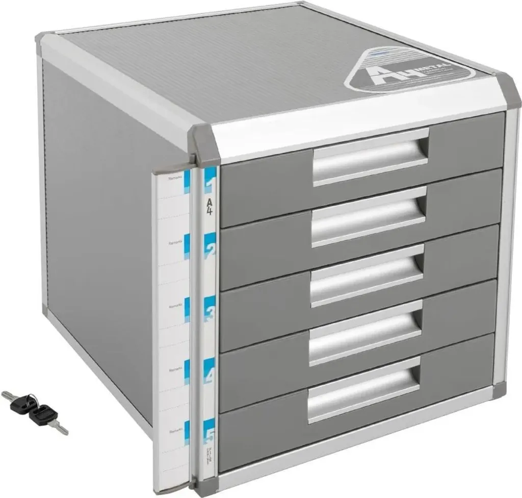 Organiseur de bureau gris 5 tiroirs en alliage d'aluminium verrouillable