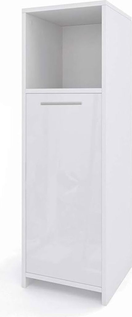 A white cabinet with a shelf on top and a closed door below.