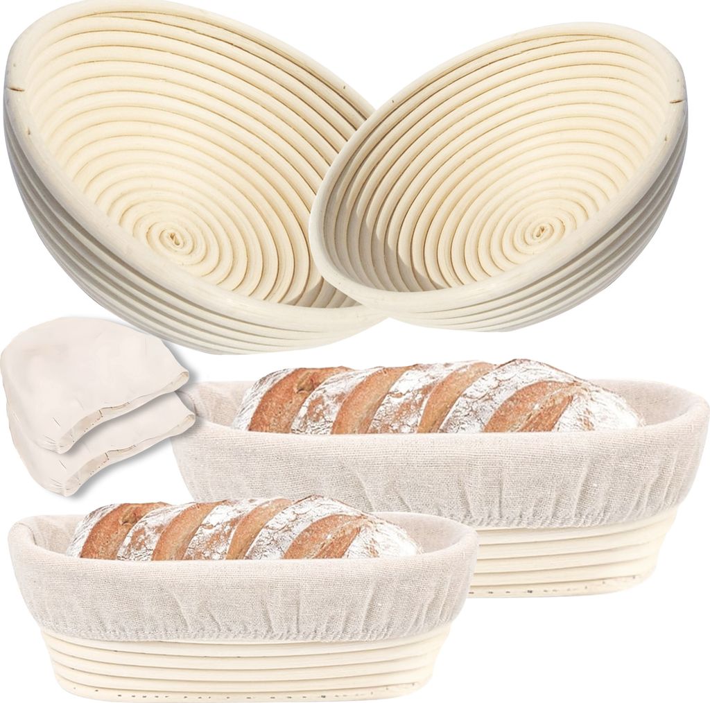 Gärkorb Set 4-teilig Brotköb aus Rattan Handgefertigte Brot-Gärkörbchen für Sauerteig & Hefeteig, inkl. Leineneinsatz zum Brotbacken