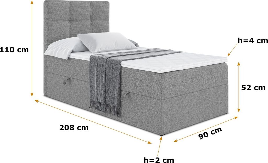 ALTDECOR Boxspringbett mit H4 Matratze und Topper - 90x200 cm - MARCE - Grau Gewebe - Links Öffnung - Polsterbett mit Bettkasten und Lattenrost, B...