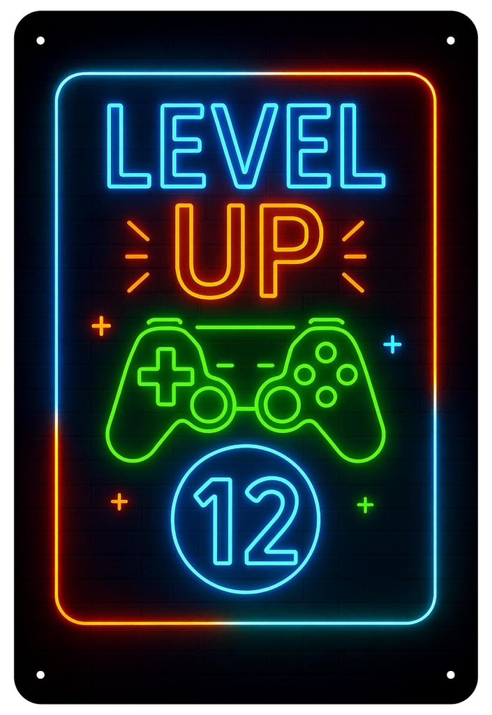 Blechschild 20x30cm Level Up 12 Gaming Geburtstag Neon Produktbild 