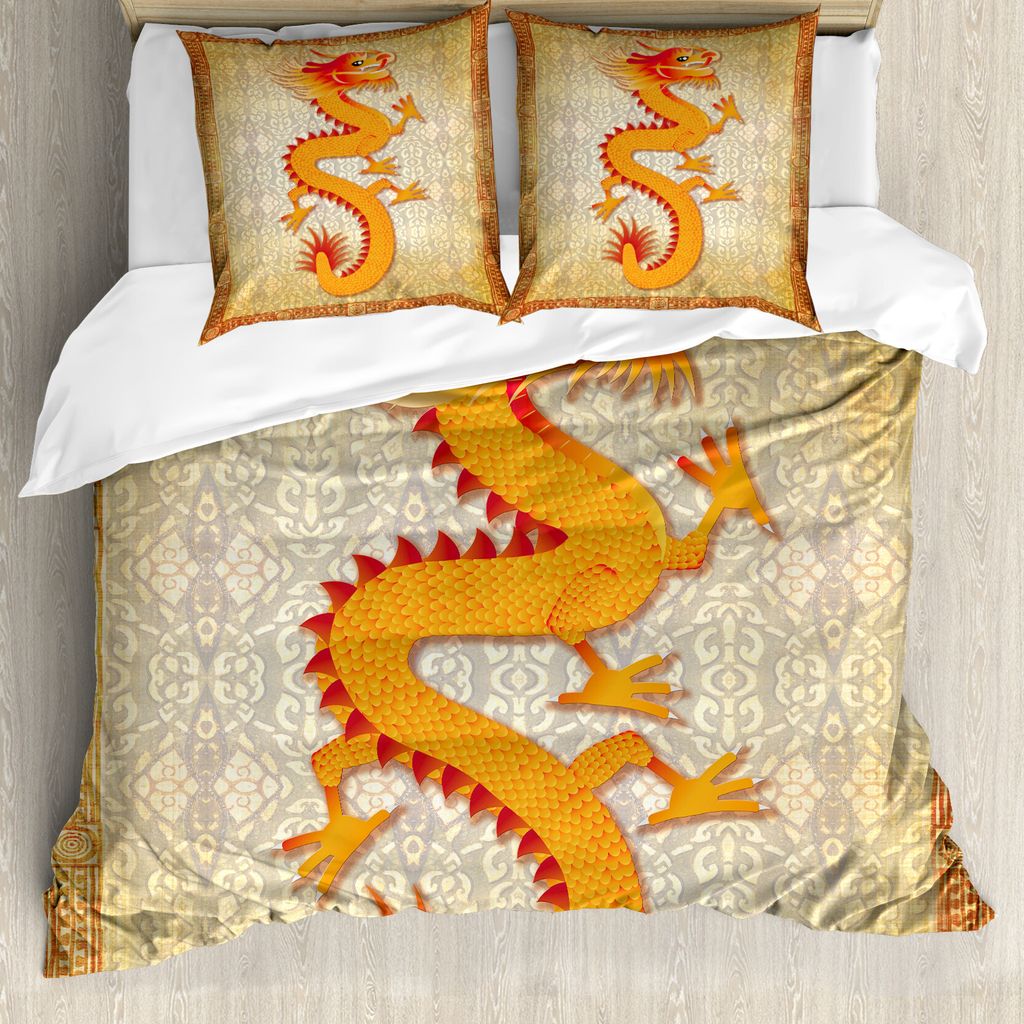 ABAKUHAUS Drachen Bettbezug, Chinese Folk-Elemente, Milbensicher Allergiker geeignet mit Kissenbezügen, 200 cm x 200 cm - 80 x 80 cm, Orange Vermi...