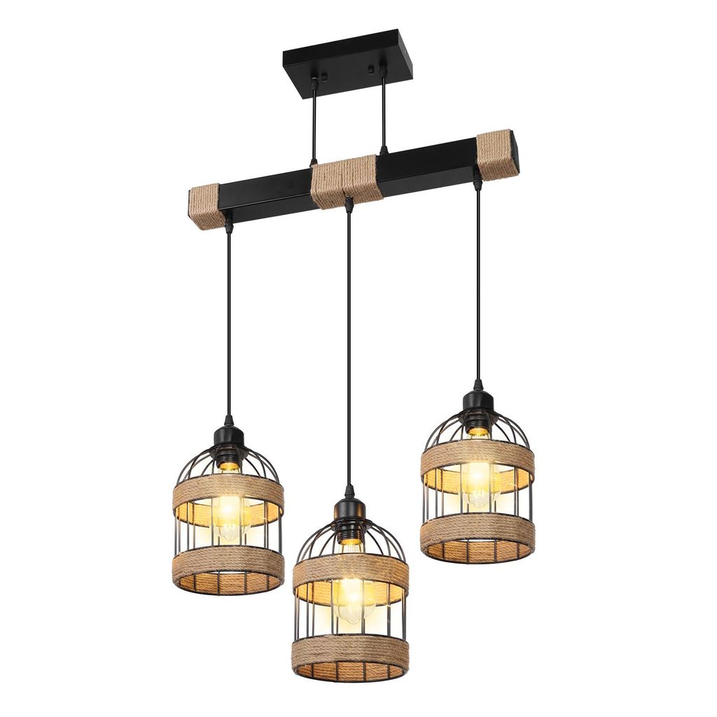 Rosikey 3-Flammig Rattan Pendelleuchte Esstisch Lampe - Vintage Boho Kronleuchter Metall Schwarz - E27 Stoffschirm Esstischlampe Hängelampe
