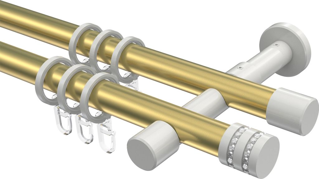 Interdeco Gardinenstange / Vorhangstange Messing-Optik / Weiß, Typ Prestige Estana (Glitzerkappe), 20 mm Ø 2-läufig, 100 cm