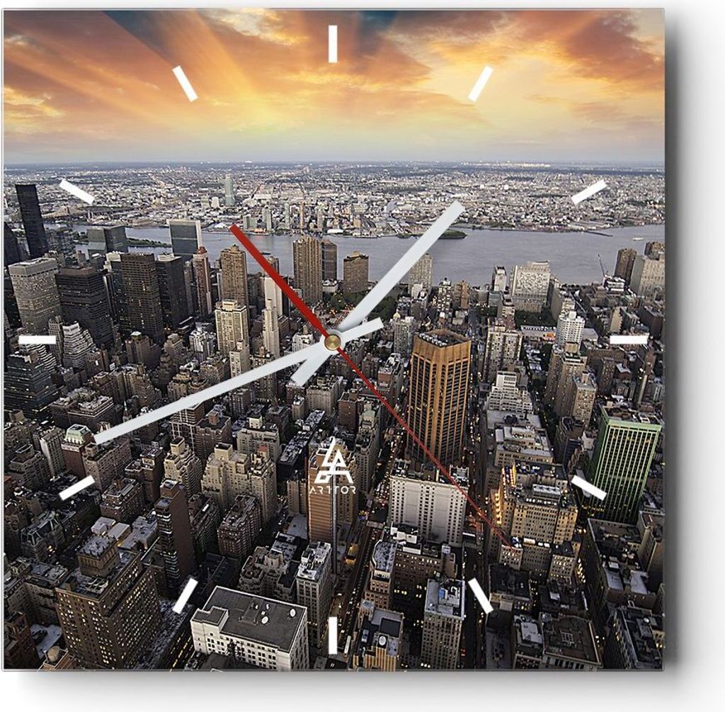 Wanduhr - Quadrat - Glasuhr - Amerika wohnung architektur stadt - 40x40cm - Schleichendes Uhrwerk - Lautlos - zum Aufhängen bereit - Dekoration Mo...